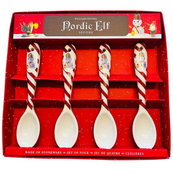 Williams Sonoma Nordic Elf Stoneware Spoons Snowman Set of 4 NEW IN BOX - Picture 1 of 4